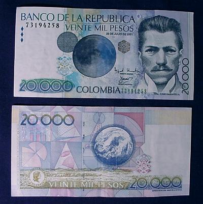 pesos mil money colombia veinte equals