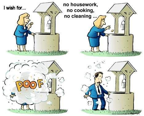 A cartoon of a lady wishing she din't have to do house work and turning into a man