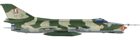 Sukhoi Su-22A Fitter F peruano con su esquema tctico en colores verde y arena. Obsrvese la insignia del Escuadrn Areo de Elite N 111 al costado de la cabina del piloto.