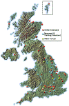 Mapa do Reino Unido, destacando bases miiltares inglesas.