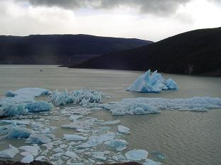 Icebergs flotando en el lago. El punto negro al fondo es el barco