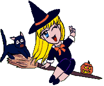 Witch: 'I was Chibi Ningyo's limited edition cyberpet for Halloween 1999. I'm not up for adoption anymore, so I decided to live here.' Cat: 'I HATE HEIGHTS!!!  YAAAHHH!'