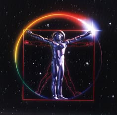 This may contain: the vitruon man is standing in front of a star filled sky with stars