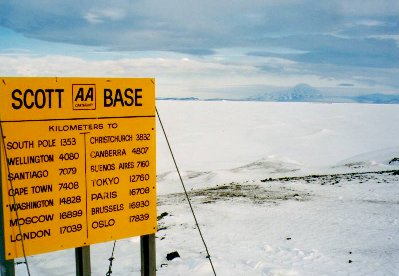 Scott Base AA Sign. Looking out into McMurdo Sound