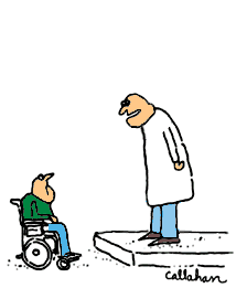 [Callahan animation: At call to heal, wheelchair user obeys command to *heel*]