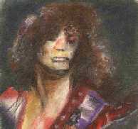 Marc Bolan in pastels - he ain't no square with his corkscrew hair