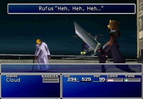 After getting a critical hit from Cloud, Rufus just laughs while trying to retain composure