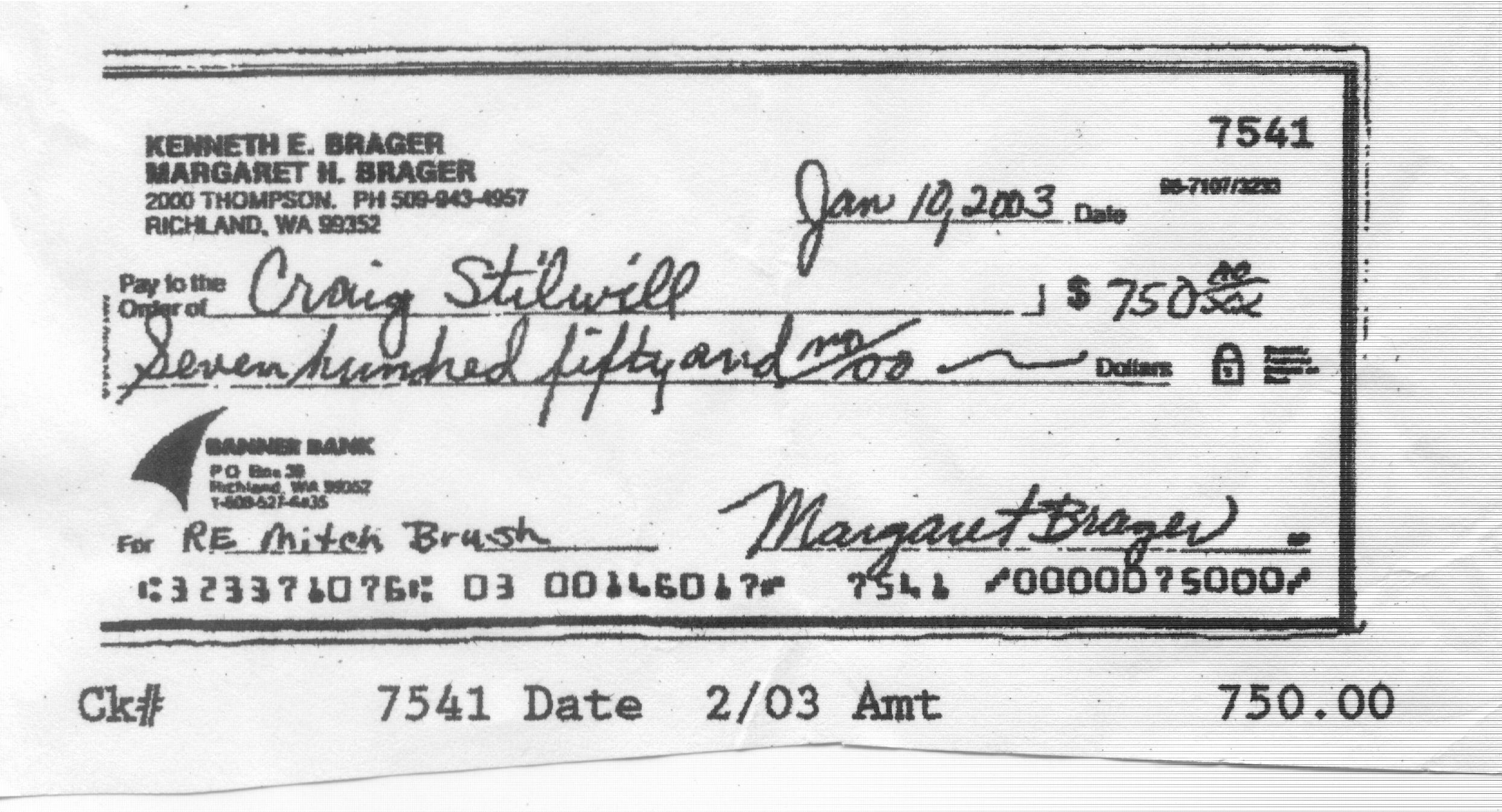 Check sent to pay Craig Stilwill for retainer