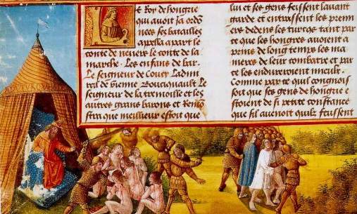 [Trken mihandeln und ermorden christliche Gefangene nach der Schlacht von Nikopolis 1396, zeitgenssische Darstellung]