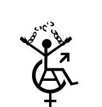 FBF/FMR:s symbol. En person i rullstol som hjer hnderna upp i skyn och bryter frtryckets bojor och har anarkist A:et i rullstolens hjul, samt med knssymbolerna.