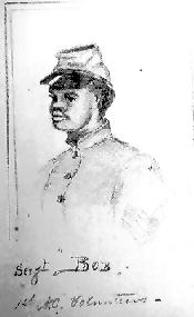 Sergeant Frank Roberts, "Sergt. Bob", 1st NC Colored Volunteers, of Elizabeth City, NC.  Drawing from the Fred W. Smith, Jr. Civil War Sketch Book.  From the Collection of Tryon Palace Historic Sites & Gardens.