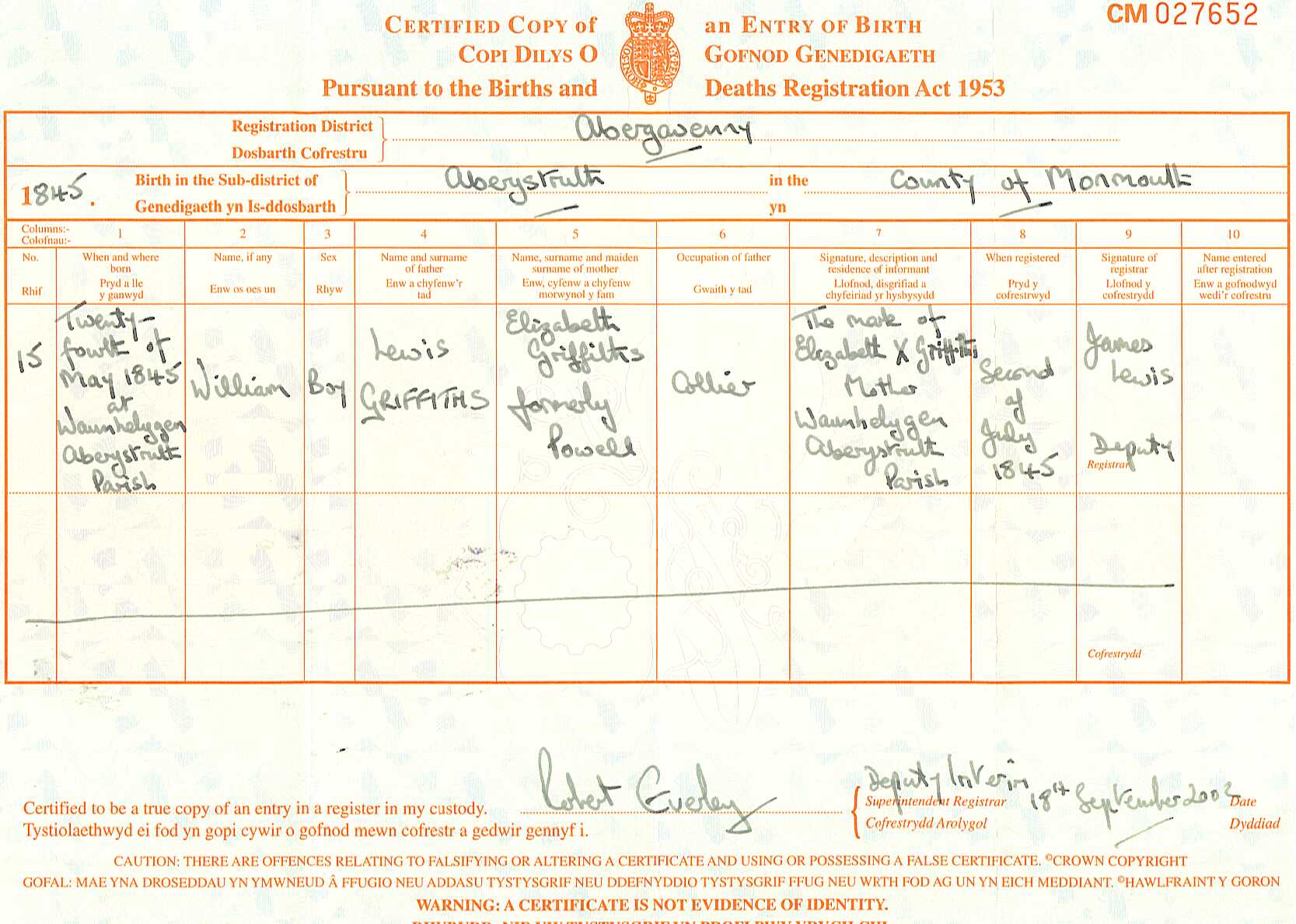 Griffith History William Griffiths Birth Certificate