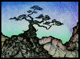 Dark tree drawing on blue background.
