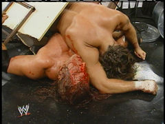 HBK leapt from the top rope onto HHH who was lying on a table!
