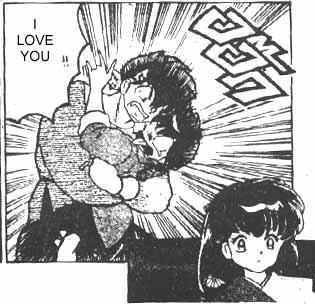 Ryoga under the hypnotic spell hugs Ranma-chan against both their wills