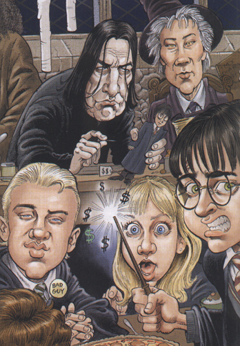 LMFAO!!! Dig the Snape with the Voodoo Harry! Stick that little bastid, Sevvie! (Oh dear god, did I just call him Sevvie?! Dammit. MUST stop reading gratuitous fangirl posts. Eep.)  lol. Draco looks just slapabley smarmy here, too. I love 'im ;)