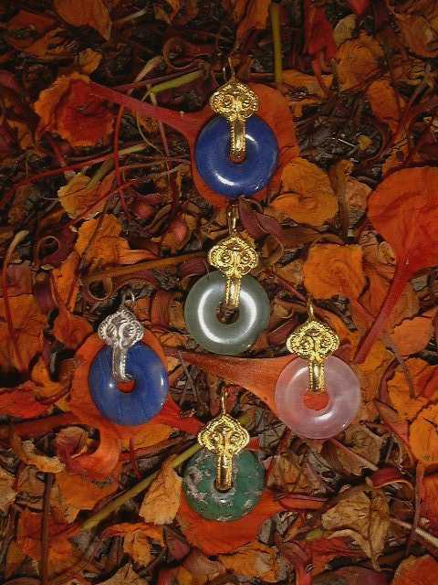 Norbu pendants, Lapis, Turquoise, Rose Quart, Jade.silver and 14k gold plated. 0.75 inch