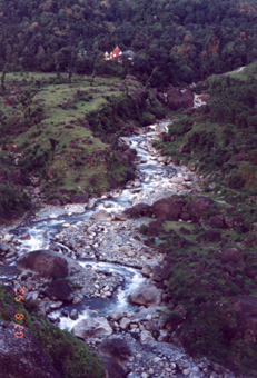 A river near Norbulingka. A Hindu shrine at it's top
