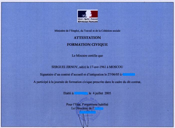 Attestation De Formation Civique Au Nom De Jirnov Serguei