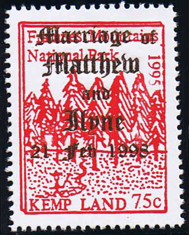 The wedding of Matthew Campbell in 1998 was celebrated by the gold overprint on the Framnes Mountains National Park stamp. Click this stamp to view another photo of Matthew Campbell on a stamp.