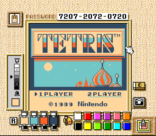 Screenshot of the Super Game Boy's custom palette screen while running TETRIS. TETRIS uses built-in palette 3A (pictured) by default.