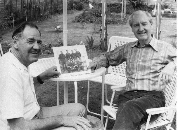 Jim Feasey (right), an airgunner on No. 171 Squadron visiting his old skipper, Jack Phillipson (left).  Australia 1986.