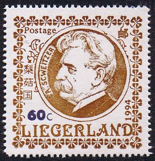 Albert Schweitzer features on the 60 cent stamp of
Liegerland's first stamp issue.