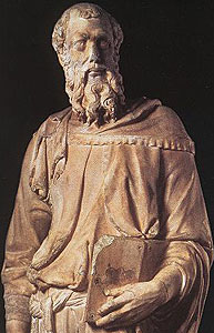 25kb jpg detail from a photograph of the statue 'Saint Mark' by Donatello, 1411, marble, Orsanmichele, Florence