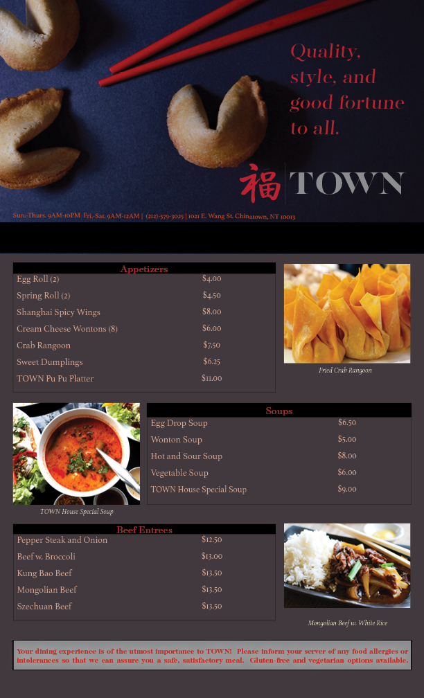 TOWN menu page one