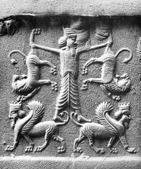 Sumerian relief showing Gilgamesh fighting lions