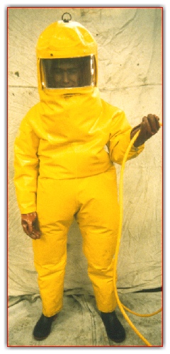 Front picture of 'Protector Industries' Hazmat suit