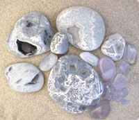 Sample photo of rough & polished RARE blue agates as found on the beach at Newport over many years of collecting!
