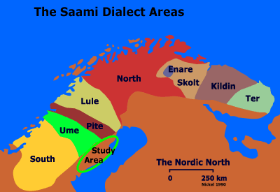 map of Sweden showing study area and Saami dialect areas