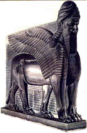 Touro Alado (sculo VIII a.C.) Situado na porta do palcio de Corsabab, construdo por Sargo II. A composio da cabea sobre o corpo de touro, com enormes asas,  caracterstica do gosto assrio pelos monstros fantsticos.