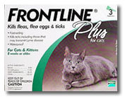 Frontline Plus, Flea & Tick Control for cats. Green for cats and kittens. 3 months - $29.95, 6 months - $56.95, 12 months - $94.95. 