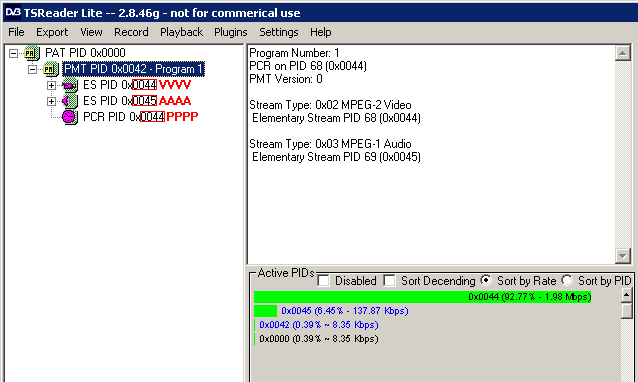 PID de audio, vídeo y PCR en TSReader Lite