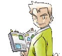 Professor Oak looking up from a book he's reading