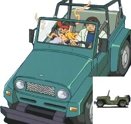 Professor Birch takes Ash and his ill Pikachu to his lab.
INSET:An Officer Jenny's Jeep from a side view.