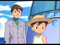 Captain Stern with his little helper in front of the Oceanic Museum, as they appeared in the Pokmon Advance anime.