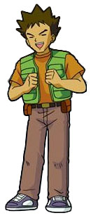 Brock straighens up his vest in the Pokmon Puzzle Leage