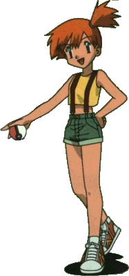 Misty pointing to the left with a pokball in her hand