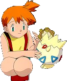 Misty kneels down beside her togepi who is playing with a tamborine