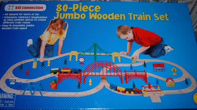 wooden train set with bridge
