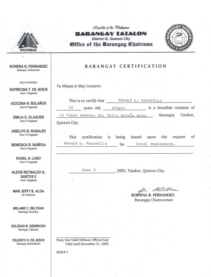 Sample Of Certificate Of Employment Barangay Kagawad | My XXX Hot Girl