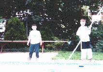 Adam cleans the pool.