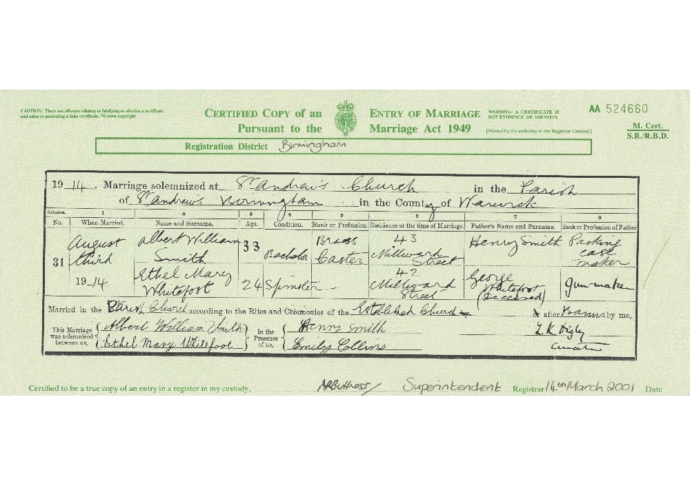 Albert William Smith's marriage certificate