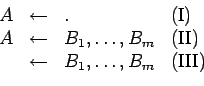 \begin{displaymath}
\begin{array}{lcll}
A & \leftarrow & . & \mathrm{(I)}\\
A ...
...
& \leftarrow & B_1, \ldots, B_m & \mathrm{(III)}
\end{array}\end{displaymath}