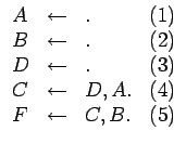 $\displaystyle \begin{array}{lcll}
A & \leftarrow & . & (1)\\
B & \leftarrow &...
...)\\
C & \leftarrow & D, A. & (4)\\
F & \leftarrow & C, B. & (5)
\end{array}$