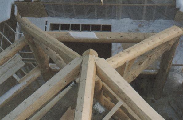 Atrium detail: Hip rafter intersects Beams