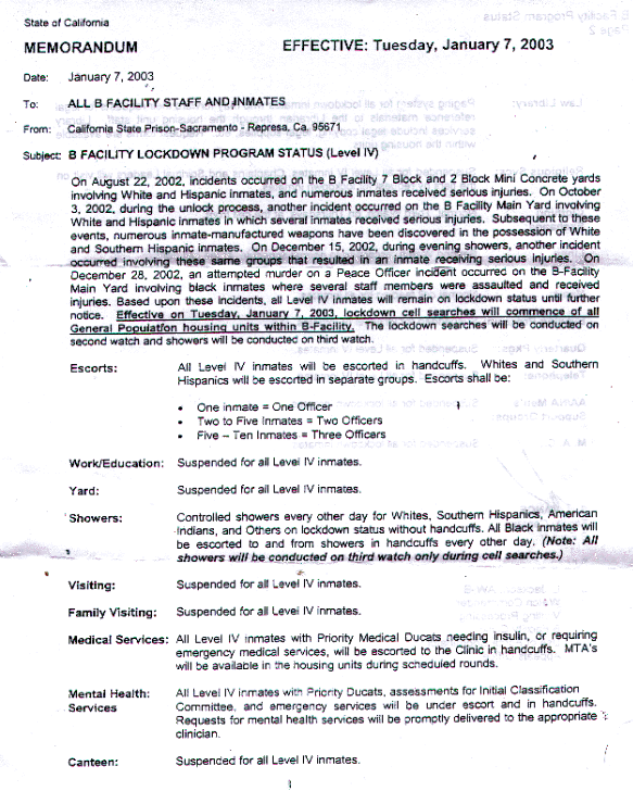 MEMORANDUM - B Facility - Represa, Ca 95671